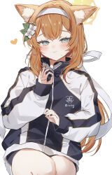 Rule 34 | 1girl, animal ear fluff, animal ears, blue archive, blue eyes, blush, closed mouth, flower, hair between eyes, hair flower, hair ornament, hairband, halo, heart, highres, jacket, long hair, long sleeves, looking at viewer, mari (blue archive), mari (track) (blue archive), official alternate costume, orange hair, simple background, solo, sorani (kaeru0768), track jacket, white background, white flower, white hairband, yellow halo