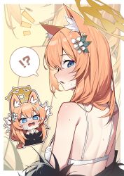 Rule 34 | !?, 1girl, absurdres, alternate costume, animal ears, bare shoulders, blue archive, blue eyes, blush, border, bra, chibi, commentary, fox ears, fox girl, from behind, hair ornament, halo, highres, long hair, looking at viewer, looking back, mari (blue archive), muo (muojjang 0929), open mouth, orange hair, solo, spoken interrobang, symbol-only commentary, underwear, upper body, white border, white bra, yellow halo, zoom layer