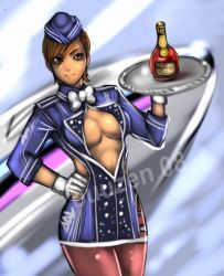 Rule 34 | 1girl, aircraft, airplane, anesthesia, anesthesia (rumble roses), breasts, buuzen, dark-skinned female, dark skin, female focus, flight attendant, gloves, hand on own hip, rumble roses, solo, travel attendant