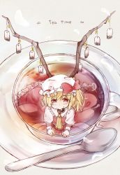 Rule 34 | 1girl, ascot, blonde hair, bow, cup, doughnut, eating, english text, flandre scarlet, food, frills, hat, hat bow, ivy1993, looking at viewer, looking up, mini person, minigirl, plate, red eyes, side ponytail, spoon, tea, teabag, teacup, touhou, wings