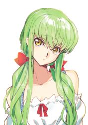 Rule 34 | 1girl, bow, breasts, c.c., cleavage, code geass, collarbone, creayus, detached sleeves, green hair, hair between eyes, hair bow, head tilt, long hair, looking at viewer, neck ribbon, red bow, red ribbon, ribbon, simple background, sketch, small breasts, solo, twintails, upper body, white background, white sleeves, yellow eyes