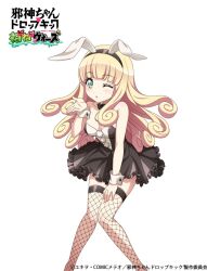 Rule 34 | 1girl, 4frogsinc, animal ears, blonde hair, blowing kiss, blush, breasts, cleavage, dress, fake animal ears, fishnet thighhighs, fishnets, green eyes, jashin-chan dropkick, long hair, looking at viewer, one eye closed, open mouth, poporon (jashin-chan dropkick), rabbit ears, simple background, small breasts, solo, thighhighs, white background
