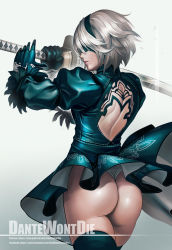 Rule 34 | 1girl, ass, backless dress, backless outfit, blindfold, cowboy shot, dantewontdie, dress, from behind, gloves, green dress, green gloves, green thighhighs, hairband, holding, holding sword, holding weapon, juliet sleeves, katana, leotard, leotard under clothes, long sleeves, mole, mole under mouth, nier (series), nier:automata, parted lips, profile, puffy sleeves, short hair, silver hair, solo, sword, thighhighs, watermark, weapon, web address, 2b (nier:automata)