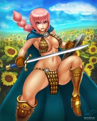 Rule 34 | 1girl, armor, armored boots, bikini armor, blue sky, boots, breasts, brown gloves, cape, cleavage, cloud, d:, d:&lt;, day, female focus, field, floating hair, flower, flower field, frown, gladiator, gloves, halterneck, high heel boots, high heels, holding, holding sword, holding weapon, hybridmink, large breasts, leg up, loincloth, long hair, looking at viewer, matching hair/eyes, midriff, multi-tied hair, navel, one piece, open mouth, outdoors, pelvic curtain, pink eyes, pink hair, plant, ponytail, rebecca (one piece), shield, sideboob, signature, sky, solo, spread legs, standing, standing on one leg, sunflower, sunflower field, sword, thighs, v-shaped eyebrows, watermark, weapon, web address