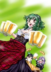 Rule 34 | &gt; &lt;, 3girls, = =, alcohol, apron, barmaid, beer, beer mug, black hair, blush, bow, bread, breasts, chain, cleavage, collarbone, colorized, cup, dirndl, dress, drunk, closed eyes, food, german clothes, german text, green hair, hair bow, hairband, izayoi sakuya, kazami yuuka, large breasts, maid headdress, mug, multiple girls, oktoberfest, open mouth, p.a.w, plaid, pointy ears, puffy short sleeves, puffy sleeves, red eyes, reiuji utsuho, short hair, short sleeves, silver hair, smile, touhou, traditional clothes, underbust, waist apron, waitress, yellow eyes, yuzu momo