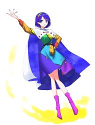 Rule 34 | 1girl, blue eyes, blue hair, cape, dress, hairband, hand on own hip, hand up, highres, kahayu4, long sleeves, multicolored clothes, multicolored dress, multicolored hairband, one-hour drawing challenge, open mouth, pink footwear, puffy long sleeves, puffy sleeves, short hair, solo, tenkyuu chimata, touhou, white background
