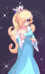 Rule 34 | 1girl, arm under breasts, blonde hair, blue dress, blue eyes, closed mouth, dress, hair over one eye, highres, holding, holding wand, long hair, looking at viewer, mario (series), nin10ja, nintendo, off-shoulder dress, off shoulder, rosalina, simple background, smile, solo, sparkle background, super mario galaxy, wand, white background