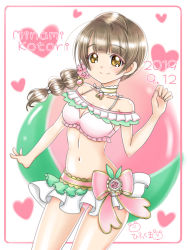 Rule 34 | 1girl, alternate hairstyle, artist name, artist request, bare shoulders, bikini, bikini skirt, blush, bow, braid, breast press, breasts, brown eyes, brown hair, detached collar, female focus, food, fruit, hair vines, heart, heart necklace, jewelry, light brown hair, long hair, looking at viewer, looking back, love live!, love live! school idol festival, love live! school idol project, medium breasts, minami kotori, nail polish, necklace, peach, plant, ribbon, rikakkuma kaito, smile, solo, striped, swimsuit, twin braids, vertical stripes, vines, white nails, yellow eyes