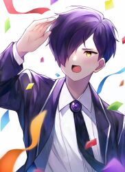 Rule 34 | 1boy, brooch, coat, collared shirt, confetti, gem, hand up, jewelry, library of ruina, long sleeves, male focus, mikoto0x0, necktie, project moon, purple coat, purple gemstone, purple hair, purple necktie, shirt, simple background, solo, white background, white shirt, yesod (project moon)