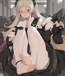 Rule 34 | 1boy, 1girl, absurdres, ankle boots, anklet, arknights, black footwear, black gloves, black skirt, blush, boots, unworn boots, clenched teeth, earrings, embarrassed, feet, front-seamed legwear, full body, gloves, grey eyes, grey hair, hand on own knee, head wings, heavy breathing, highres, irene (arknights), jewelry, knees up, long hair, long sleeves, miniskirt, nose blush, pantyhose, parted lips, puffy long sleeves, puffy sleeves, scar, scar across eye, scar on face, seamed legwear, sitting, skirt, solo focus, steaming body, stirrup legwear, sweat, teeth, toeless legwear, toes, v-shaped eyebrows, very long hair, white pantyhose, wings, xssh