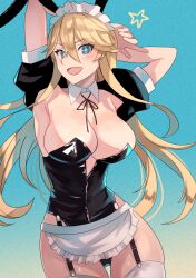 Rule 34 | 1girl, alternate costume, animal ears, apron, black leotard, blonde hair, blue background, blue eyes, bow, bowtie, breasts, cameltoe, collarbone, covered navel, cowboy shot, detached collar, enmaided, fake animal ears, frilled apron, frills, gradient background, highres, iowa (kancolle), kantai collection, kasumi (skchkko), large breasts, leotard, long hair, looking at viewer, maid, maid headdress, open mouth, playboy bunny, puffy sleeves, rabbit ears, simple background, solo, star-shaped pupils, star (symbol), star print, strapless, strapless leotard, symbol-shaped pupils, thighhighs, toriniku senshi chikinman, traditional bowtie, waist apron, white apron, wrist cuffs