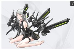 Rule 34 | 1girl, bad id, bad pixiv id, barefoot, black dress, cancell, detached sleeves, dress, flower, hair flower, hair ornament, katana, kneeling, long hair, looking at viewer, original, grey eyes, silver hair, simple background, sitting, solo, sword, thigh strap, wariza, weapon