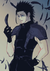 Rule 34 | 1boy, armor, belt, black hair, blue eyes, earrings, emushidayo, falling feathers, feathers, final fantasy, final fantasy vii, hand in pocket, highres, holding, holding feather, jewelry, scar, scar on face, shoulder armor, single earring, sleeveless, sleeveless turtleneck, solo, spiked hair, suspenders, tan background, turtleneck