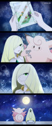 Rule 34 | 4koma, absurdres, akika 821, blonde hair, blurry, bokeh, clefable, cleffa, comic, creatures (company), crying, depth of field, family portrait, full moon, game freak, gen 1 pokemon, gen 2 pokemon, gen 5 pokemon, gladion (pokemon), hair over one eye, highres, lillie (pokemon), lilligant, lillipup, long hair, lusamine (pokemon), moon, night, nintendo, pokemon, pokemon (anime), pokemon (creature), pokemon sm (anime), silent comic, sitting, sky, smile, star (sky), starry sky, tears, textless version, very long hair