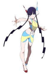 Rule 34 | 1girl, absurdres, asymmetrical footwear, bare shoulders, black hair, blue eyes, blue footwear, blue shorts, breasts, creatures (company), elesa (pokemon), full body, game freak, gym leader, headphones, highres, jikatarou, legs, looking at viewer, midriff, mismatched footwear, nintendo, open mouth, outstretched arm, outstretched arms, pokemon, pokemon bw2, red footwear, short hair with long locks, shorts, simple background, solo, spread arms, two-tone shorts, white background, yellow shorts