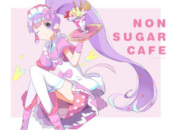 Rule 34 | 1girl, bad id, bad twitter id, blunt bangs, commentary request, dress, feet out of frame, group name, holding, holding tray, idol clothes, knees up, long hair, looking at viewer, maid, maid headdress, manaka non, one eye closed, parfait, pink dress, pretty series, pripara, puffy short sleeves, puffy sleeves, purple eyes, purple hair, short sleeves, side ponytail, smile, solo, spoon, thighhighs, tray, tulaca (pixiv), very long hair, white thighhighs