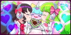 Rule 34 | 6+girls, black hair, blush, bow, candy, chocolate, chocolate heart, closed eyes, colored eyelashes, facing another, facing to the side, falulu, food, gaaruru (pripara), gloves, green hair, hair bow, hands up, headphones, heart, idol clothes, kiss, kissing cheek, long hair, mini falulu, mini person, minigirl, moudoku (decopon3rd), multiple girls, pink background, pink bow, power symbol, pretty series, pripara, profile, red bow, sidelocks, smile, twintails, unicorn, unicorn (pripara), upper body, white gloves