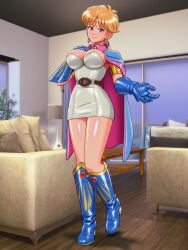 Rule 34 | 1girl, 3d background, armlet, blue footwear, blue gloves, boots, breasts, brown eyes, cape, circlet, dirty footwear, dirty gloves, dragon quest, dragon quest dai no daibouken, dress, earrings, enkaboots, gloves, gold choker, high heel boots, high heels, highres, indoors, jewelry, large breasts, princess leona, short dress, short hair, sleeveless, sleeveless dress, smile, solo, white dress