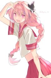 Rule 34 | 1boy, arm up, astolfo (fate), astolfo (sailor paladin) (fate), black bow, bow, braid, crop top, crossdressing, fang, fate/grand order, fate (series), fujie-yz, hair bow, highres, long hair, looking at viewer, male focus, neckerchief, official alternate costume, open mouth, pink sailor collar, pink skirt, sailor collar, school uniform, serafuku, short sleeves, simple background, single braid, skin fang, skirt, solo, trap, twitter username, very long hair, white background