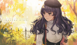 Rule 34 | 1girl, animal print, autumn, bag, beret, black hair, blunt bangs, blush, book, brown eyes, buckle, buttons, cat print, character name, copyright name, earrings, ekao, fence, handbag, hat, holding, jewelry, long hair, long sleeves, looking to the side, ootori chacha, outdoors, purple eyes, purple hair, ribbed sweater, sweater, tokyo 7th sisters, tree, turtleneck, underbust, upper body, vest, wavy hair