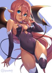 Rule 34 | 1girl, :d, akamoku, bad id, bad pixiv id, bare shoulders, black wings, blue background, blue eyes, blush, breasts, bridal gauntlets, brown hair, collarbone, commentary request, covered navel, dark-skinned female, dark skin, demon girl, demon tail, demon wings, fang, groin, hair between eyes, hand up, highres, leotard, long hair, medium breasts, open mouth, original, pointy ears, purple leotard, purple thighhighs, smile, solo, standing, standing on one leg, strapless, strapless leotard, tail, thighhighs, two-tone background, very long hair, white background, wings