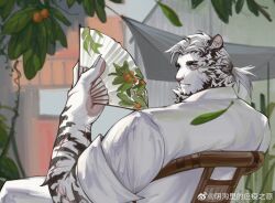 Rule 34 | 1boy, animal print, arknights, bara, chair, chinese commentary, cropped, falling leaves, fang, folding fan, food, fruit, furry, furry male, hand fan, highres, holding, holding fan, leaf, looking at viewer, male focus, mountain (arknights), multiple scars, ponytail, scar, scar across eye, scar on arm, sitting, solo, tail, tiger boy, tiger print, tiger tail, weibo logo, weibo watermark, wooden chair, yingou li de wenyi zhi yuan