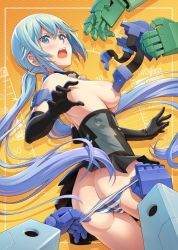 Rule 34 | 1girl, ass, black gloves, blue eyes, blue hair, blush, breasts, butt crack, elbow gloves, frame arms girl, gloves, large breasts, long hair, looking at viewer, low twintails, panties, pinakes, sideboob, skirt, striped clothes, striped panties, stylet, twintails, underwear, undressing, very long hair