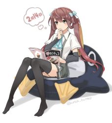 Rule 34 | 1girl, arm warmers, asagumo (kancolle), ascot, black thighhighs, blue ascot, blue bow, bow, brown hair, commentary request, cushion, failure penguin, full body, grey eyes, grey skirt, hair bow, hair ribbon, hand on own face, kantai collection, long hair, magazine (object), one-hour drawing challenge, plaid ascot, plaid neckwear, pleated skirt, ribbon, shirt, simple background, sitting, skirt, solo, suspenders, thighhighs, thinking, twintails, twitter username, white background, white shirt, yamashichi (mtseven)