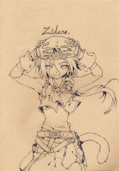 Rule 34 | 1boy, arms up, ascot, ballpoint pen (medium), belt, character name, fermium.ice, final fantasy, final fantasy ix, gloves, hands on own head, head wreath, high collar, highres, light smile, long hair, male focus, monkey tail, multiple belts, ponytail, shoulder belt, solo, tail, traditional media, upper body, vest, wrist cuffs, zidane tribal