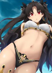 Rule 34 | 1girl, armlet, asymmetrical legwear, asymmetrical sleeves, bikini, black bikini, black ribbon, commentary, commentary request, crown, earrings, elbow gloves, fate/grand order, fate (series), gloves, hair ribbon, highres, hoop earrings, ishtar (fate), jampen, jewelry, looking at viewer, mismatched bikini, navel, neck ring, ribbon, single elbow glove, single sleeve, single thighhigh, solo, stomach, swimsuit, thighhighs, tiara, twintails, two side up, uneven legwear, uneven sleeves, white bikini