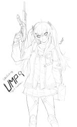 Rule 34 | 1girl, absurdres, armband, character name, copyright name, girls&#039; frontline, greyscale, gun, h&amp;k ump, highres, jacket, knee pads, long hair, long sleeves, looking at viewer, monochrome, open clothes, open jacket, scar, scar across eye, scar on face, signature, sketch, submachine gun, twintails, ump9 (girls&#039; frontline), warfakaid, weapon