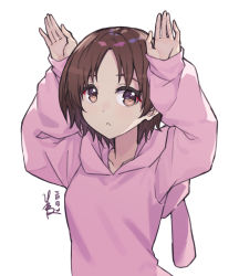 Rule 34 | 1girl, :o, artist name, brown eyes, brown hair, commentary, dated, girls und panzer, highres, hood, hood down, hoodie, kimi tsuru, looking at viewer, maruyama saki, parted lips, pink hoodie, rabbit head, rabbit pose, short hair, signature, simple background, solo, upper body, white background