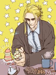 Rule 34 | 1boy, aki shigeru, blonde hair, blue shirt, boku no hero academia, brown jacket, candy, candy cane, chocolate chip cookie, christmas, closed mouth, collared shirt, commentary request, cookie, cup, food, gingerbread man, highres, holding, holding cookie, holding food, jacket, long sleeves, male focus, mug, shirt, short hair, simple background, smile, solo, star (symbol), steam, table, upper body, yagi toshinori, yellow background