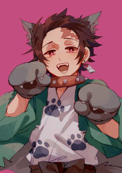 Rule 34 | 1boy, absurdres, animal ears, animal hands, brown hair, cat ears, chinese commentary, collar, commentary request, earrings, fangs, gloves, green jacket, hands up, highres, jacket, japanese clothes, jewelry, kamado tanjirou, kimetsu no yaiba, kimono, looking at viewer, male focus, mogutofuoes, open mouth, paw gloves, paw print, pink background, pink eyes, short hair, simple background, solo, teeth, upper body, white kimono