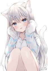 Rule 34 | 1girl, :d, absurdres, animal ear fluff, animal ears, animal hands, blush, cat ears, commentary request, fang, gloves, grey hair, hair ornament, hairclip, hands up, highres, long hair, looking at viewer, open mouth, original, paw gloves, rucaco, shirt, signature, simple background, skin fang, smile, solo, tail, white background, white shirt