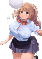 Rule 34 | 1girl, :o, ball, black skirt, blue eyes, bow, bowtie, breasts, brown hair, button gap, kaisen chuui, large breasts, long sleeves, motion lines, original, red bow, red bowtie, school uniform, shirt, short hair, simple background, skirt, soccer ball, solo, thighs, twintails, white background, white shirt