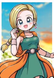 Rule 34 | 1girl, absurdres, belt, bianca (dq5), blonde hair, blue eyes, blue sky, blurry, blurry background, blush, border, bracelet, braid, breasts, cape, cloud, cloudy sky, collarbone, commentary, cowboy shot, dragon quest, dragon quest v, dress, earrings, green dress, hand up, highres, jewelry, long hair, looking at viewer, medium breasts, moyapippi, neck ring, open mouth, orange cape, outdoors, outside border, single braid, sky, smile, solo, white border