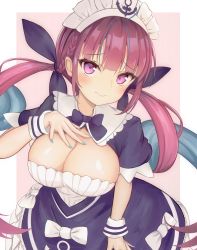 Rule 34 | 1girl, :&gt;, absurdres, blue dress, blue nails, blush, border, braid, breasts, cleavage, dress, french braid, furrowed brow, hand on own chest, highres, hololive, large breasts, long hair, looking at viewer, maid headdress, minato aqua, minato aqua (1st costume), mito soosu, multicolored hair, nail polish, outside border, pink background, pink eyes, pink hair, puffy short sleeves, puffy sleeves, purple hair, short sleeves, simple background, solo, two-tone hair, very long hair, virtual youtuber, white border