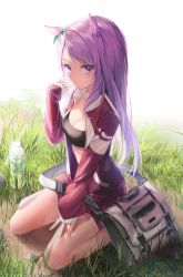 Rule 34 | 1girl, animal ears, bag, bare legs, bottle, breasts, cleavage, closed mouth, commentary, crop top, dirt, ear ornament, forehead, grass, hand up, highres, horse ears, horse girl, jacket, legs folded, long hair, looking at viewer, mejiro mcqueen (umamusume), nagul, open clothes, open jacket, outdoors, parted bangs, pointy nose, purple eyes, purple hair, simple background, sitting, sleeves past wrists, small breasts, solo, tracen training uniform, umamusume, wariza, water bottle, white background, zipper