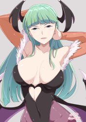Rule 34 | 1girl, armpits, arms behind head, arms up, bare shoulders, bat wings, black leotard, blue eyes, breasts, cleavage, clothing cutout, covered navel, demon girl, green hair, grey background, head wings, heart cutout, kichihachi, large breasts, leotard, long hair, looking at viewer, morrigan aensland, pantyhose, parted lips, purple pantyhose, simple background, smile, solo, strapless, strapless leotard, upper body, vampire (game), wings