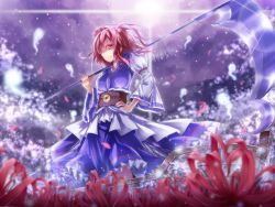Rule 34 | 1girl, alternate weapon, backlighting, blurry, dabadhi, depth of field, female focus, flower, ghost, grin, hair bobbles, hair ornament, hand on own hip, highres, hitodama, obi, onozuka komachi, red eyes, red hair, sash, scythe, short hair, smile, solo, spider lily, touhou, twintails, two side up, weapon