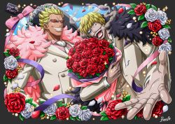 Rule 34 | 2boys, absurdres, alternate costume, alternate hairstyle, ascot, bad id, bad twitter id, blonde hair, bouquet, bow, bowtie, brothers, cigarette, donquixote doflamingo, donquixote rocinante, feather boa, flower, foreshortening, formal, highres, holding, holding bouquet, irohero, long sleeves, male focus, multiple boys, official style, one piece, petals, rose, rose petals, short hair, siblings, smile, smoke, smoking, suit, sunglasses, white suit