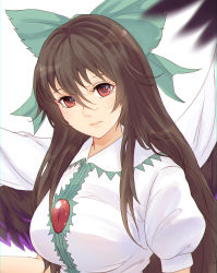 Rule 34 | 1girl, bad id, bad pixiv id, bow, breasts, brown hair, cape, expressionless, green bow, hair bow, head tilt, highres, lips, long hair, looking at viewer, puffy sleeves, red eyes, reiuji utsuho, solo, touhou, white background, wings, x&amp;x&amp;x