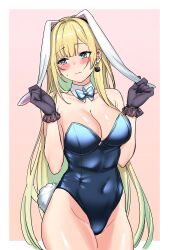 Rule 34 | 1girl, absurdres, aizawa ema, akkgsyk, alternate costume, animal ears, bare legs, bare shoulders, black gloves, blonde hair, blue eyes, blue hair, blue leotard, blunt bangs, blush, border, bow, bowtie, breasts, cat earrings, cleavage, closed mouth, covered navel, detached collar, embarrassed, fake animal ears, fake tail, gloves, gradient hair, highleg, highres, large breasts, leotard, long hair, looking to the side, multicolored hair, playboy bunny, rabbit ears, rabbit tail, simple background, solo, strapless, strapless leotard, sweat, tail, very long hair, virtual youtuber, vspo!, white border