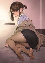 Rule 34 | 1girl, bed, black skirt, blue skirt, blush, brown eyes, brown hair, brown pantyhose, coat, commentary request, douki-chan (douki-chan), earrings, feet, ganbare douki-chan, highres, indoors, jewelry, looking away, lying, no shoes, office lady, on bed, open mouth, pantyhose, pantylines, see-through, see-through legwear, skirt, solo, trench coat, yomu (sgt epper)