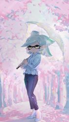 Rule 34 | + +, 1girl, alternate costume, bad id, bad twitter id, blue footwear, blue pants, buttons, casual, cherry blossoms, closed mouth, collared shirt, dappled sunlight, day, denim, dress shirt, earrings, falling petals, frilled umbrella, frills, full body, glint, gradient hair, green hair, grey hair, high heels, highres, holding, holding umbrella, inkling, jeans, jewelry, kashu (hizake), legs together, light rays, long sleeves, looking away, marie (splatoon), medium hair, mole, mole under eye, monster girl, multicolored hair, nintendo, outdoors, pants, parasol, partially unbuttoned, petals, pocket, shade, shadow, shirt, shirt tucked in, short eyebrows, smile, solo, splatoon (series), splatoon 1, spring (season), standing, striped clothes, striped shirt, sunlight, swept bangs, tree, umbrella, vertical-striped clothes, vertical-striped shirt, white shirt, white umbrella, yellow eyes