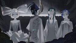 Rule 34 | 4others, absurdres, alexandrite (houseki no kuni), angry, aqua hair, ascot, asymmetrical sleeves, backless outfit, benitoite (houseki no kuni), blindfold, blue eyes, blue hair, bob cut, bow, closed mouth, cloud, commentary, covered eyes, cracked skin, diamond (houseki no kuni), dress, elbow gloves, expressionless, frown, gloves, golden arms, hair bow, hasyage, highres, houseki no kuni, long hair, long sleeves, looking at viewer, moon uniform (houseki no kuni), multiple others, other focus, phosphophyllite, phosphophyllite (ll), puffy long sleeves, puffy sleeves, see-through, see-through sleeves, short hair, short sleeves, sideways glance, sleeveless, sparkle, spoilers, turtleneck, white ascot, white eyes, white hair, wide sleeves