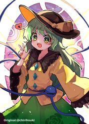 Rule 34 | 1girl, alternate hair length, alternate hairstyle, black hat, blush, bow, fang, frilled shirt collar, frilled sleeves, frills, green eyes, green hair, green skirt, hat, hat bow, hat ribbon, heart, heart of string, highres, howhow notei, komeiji koishi, long hair, long sleeves, looking at viewer, open mouth, outline, ribbon, shirt, skin fang, skirt, solo, third eye, touhou, v-shaped eyebrows, very long hair, w, white outline, wide sleeves, yellow bow, yellow ribbon, yellow shirt