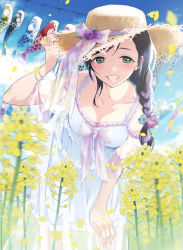 Rule 34 | 1girl, adjusting clothes, adjusting headwear, blue flower, bracelet, braid, collarbone, commentary request, day, dress, flower, frills, green eyes, grin, hair flower, hair ornament, hair ribbon, hat, hat flower, highres, jewelry, kate iwana, kodomo no hi, koinobori, leaning forward, long hair, looking at viewer, love live!, love live! school idol project, neck ribbon, outdoors, pearl bracelet, petals, purple flower, purple hair, purple ribbon, ribbon, see-through, see-through sleeves, single braid, smile, solo, straw hat, sun hat, sundress, tojo nozomi, white dress, windsock, yellow flower