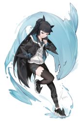 Rule 34 | 1girl, absurdres, artemis of the blue, artist name, atelier live, black eyes, black hair, hand on own chest, highres, hood, hoodie, kuroi enpitsu, leaning forward, looking at viewer, solo, virtual youtuber, water, white background